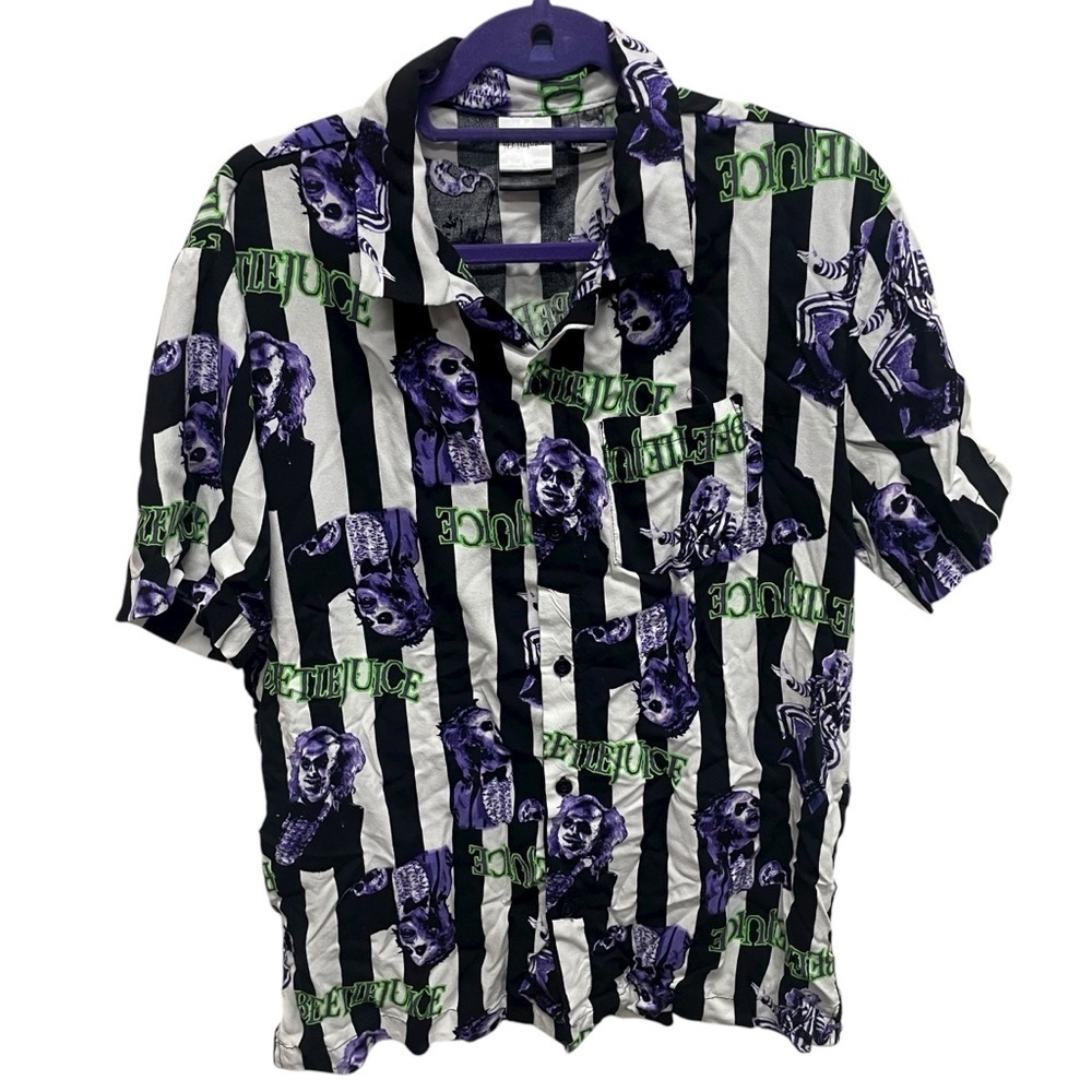 Beetlejuice Mens Striped Graphic Print Rayon short Sleeve Shirt size medium
